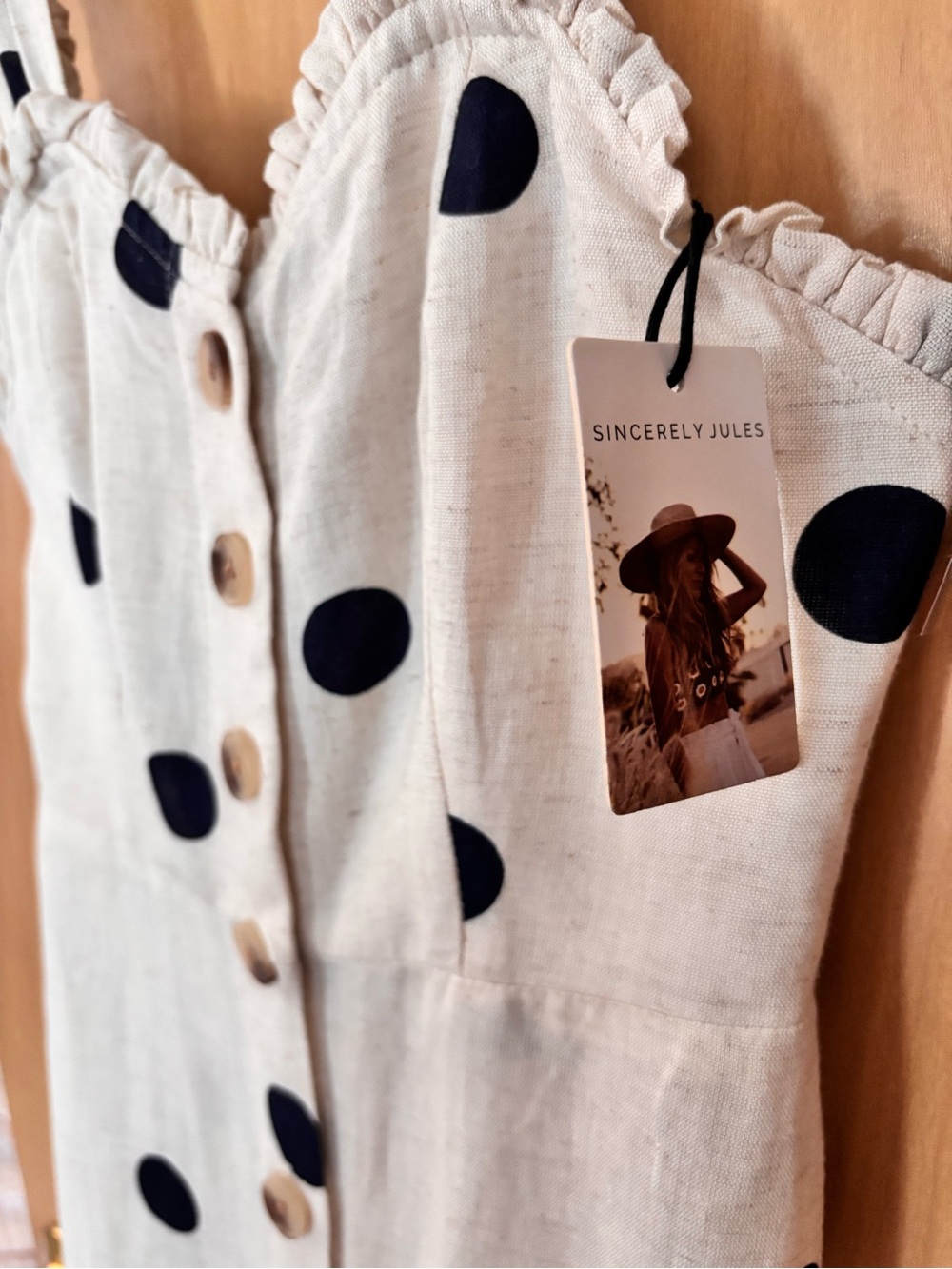 NWT Sincerely Jules Natural & Dark Navy Polka Dot Linen Blend Dress XS - Picture 10 of 12